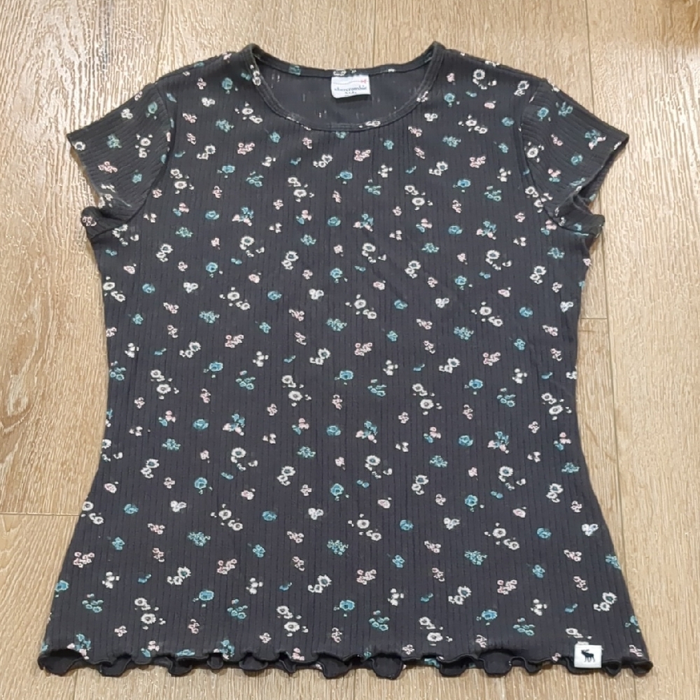 Abercrombie Girls Ditzy Charcoal Floral Ribbed Stretch Tee Size 15/16